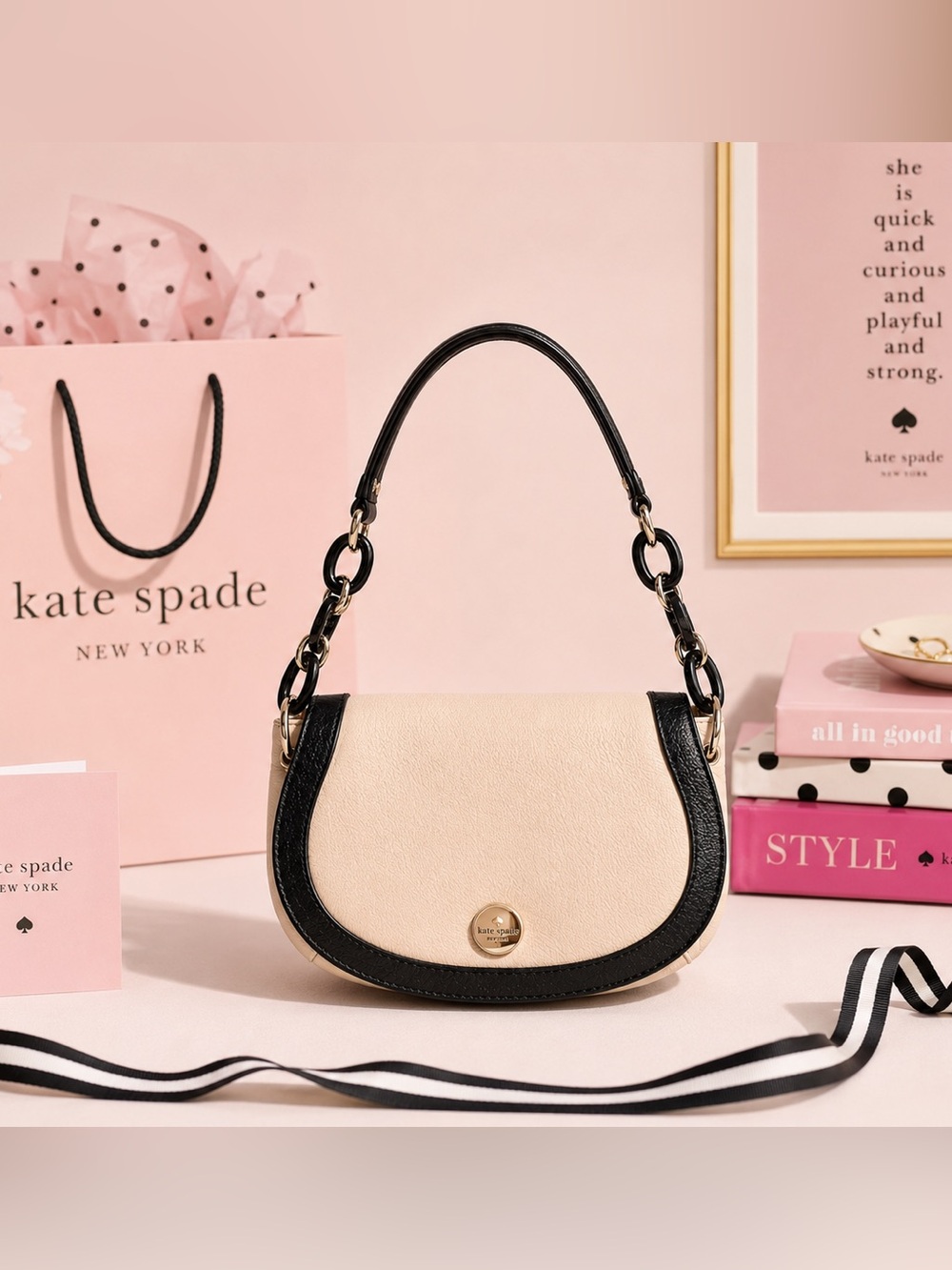Kate Spade Leather Shoulder Handbag‎ Cream & Black